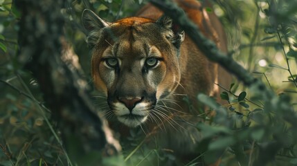 Mountain lion emerges from foliage and approaches the camera