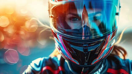 Close-up of a motorcyclist in a reflective helmet with a vibrant background, capturing the thrill and intensity of motorsport.