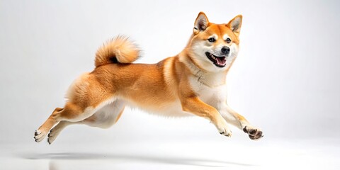 Shiba Inu dog happily jumping in the air on white background