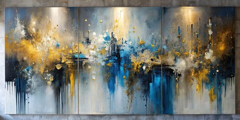 Abstract interior painting with splashes of bright gold, black, blue, and gray colors on canvas