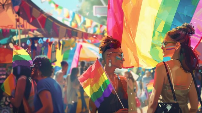 Vibrant outdoor LGBTQ pride festival with colorful rainbow flags, celebrating diversity and inclusion under sunny skies.