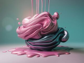 Abstract image of flowing, glossy, pastel-colored liquid forms in pink and blue, merging and swirling together.