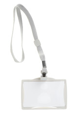 Blank badge with grey string isolated on white