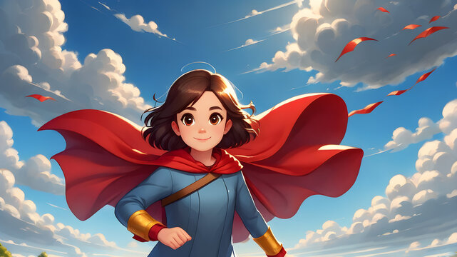 Superhero child girl with red cape and flying hair over sky background. Generative AI