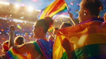 Vibrant crowd celebrating LGBTQ+ pride with rainbow flags at a lively outdoor event under the warm, colorful sunset.
