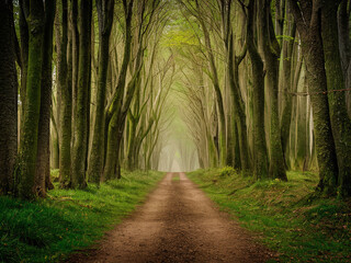 Obraz premium Serene dirt path lined with tall, moss-covered trees in dense forest. Path leads into misty, light-filled distance, creating peaceful and enchanting atmosphere.