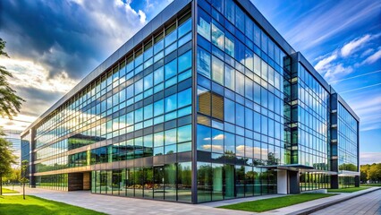 Sleek and contemporary modern office building facade with reflective glass windows - Powered by Adobe
