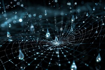 Conceptual image of a spider web with data packets as dewdrops