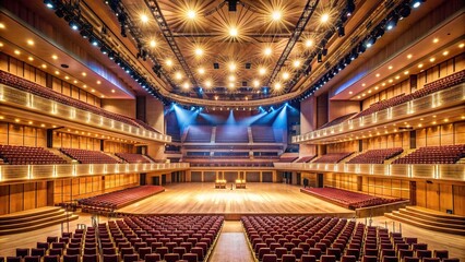 Empty concert hall with a vast stage and vibrant lights