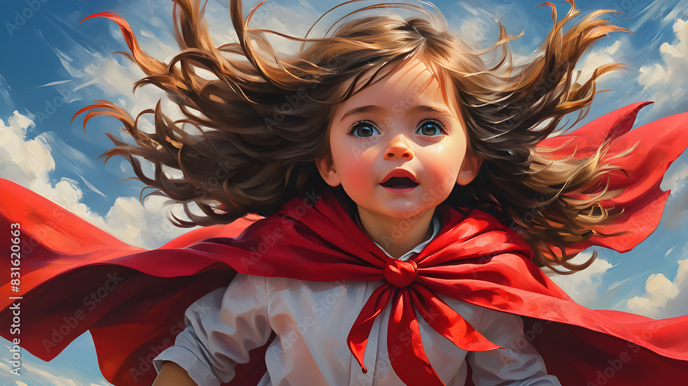 Wall mural superhero child girl with red cape and flying hair over sky background. generative ai