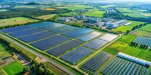 Aerial view of solar panel farm near green agricultural area and industrial factory