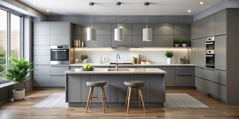 Minimalist modern gray kitchen with flat front cabinets and white quartz countertops
