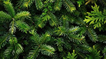 fresh green pine needles and young evergreen sprigs of a holiday tree