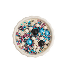 Bowl with colorful sprinkles on white background