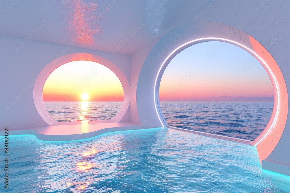 Poster sunset view from an infinity pool with arched windows, creating a serene and picturesque atmosphere
