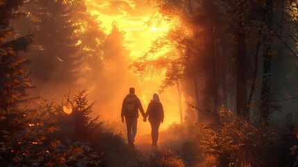 Couple walking hand in hand through a misty forest during sunrise, surrounded by autumn trees and warm golden light.