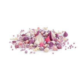 Pile of sweet lilac sprinkles on white background