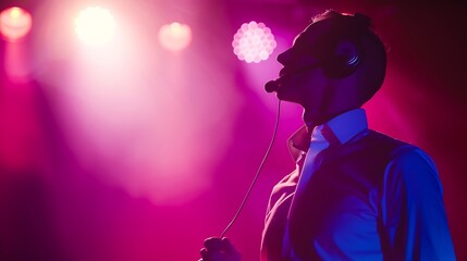 Motivational speaker with headset performing on stage : Generative AI