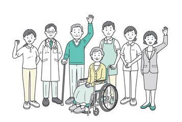 高齢者夫婦と家族と医師と看護師と介護士とケアマネージャーが集合して手を振る全身イラスト