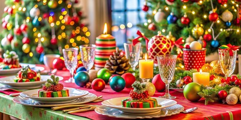 A festive holiday table set with colorful decorations and party accessories