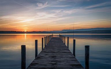 Fototapeta premium Serene sunset over calm lake with wooden pier extending into water. Warm hues of orange, pink, blue reflect on water, distant mountains.