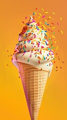 Soft serve ice cream cone with colorful sprinkles against a vibrant orange background. Fun and festive summer treat.