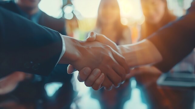 Multiracial businessman businesswoman shake hands starting collaboration at group negotiations positive people gathered at modern office boardroom partnership teamwork and business eti : Generative AI