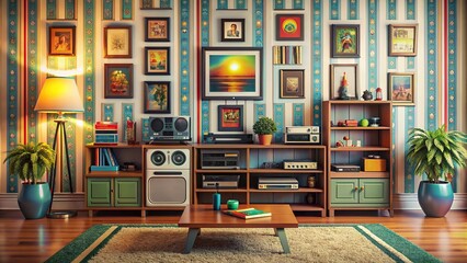 Retro kid's room interior with vintage devices, vhs player, and pop culture posters