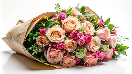 Beautiful bouquet of roses and pink flowers with greenery wrapped in paper on white background