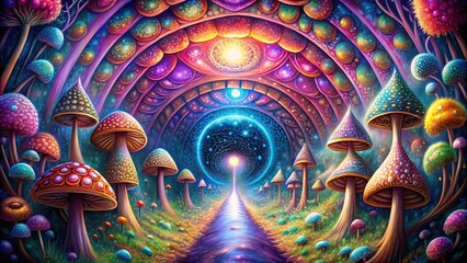 Psychedelic art of a magic tunnel with mushrooms, creating an open third eye experience