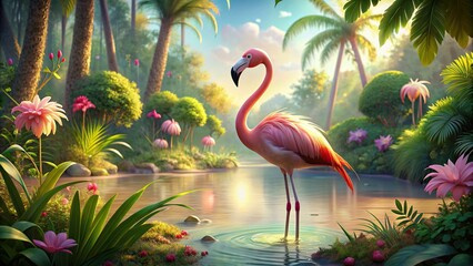 Digital of a cartoon flamingo in a natural setting