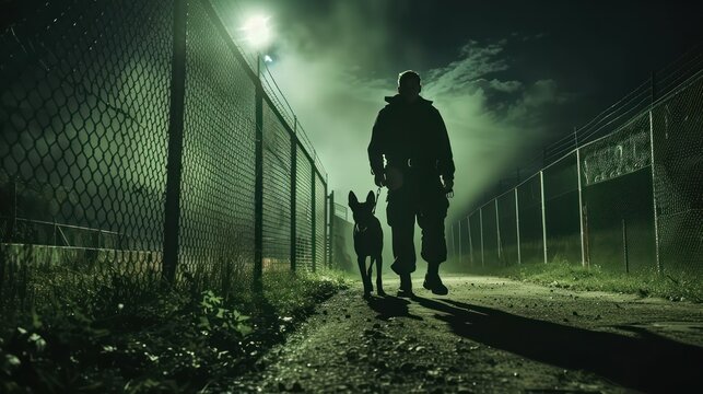Silhouette male security man guard cop with a Doberman dog goes around the street on patrol at night.