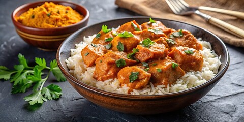 Delicious chicken tikka masala and rice in a bowl on dark background