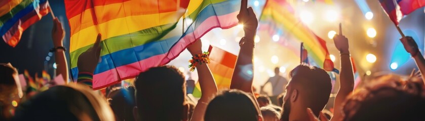 Lively crowd celebrating at a colorful music festival, waving rainbow flags under bright stage...