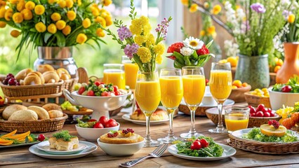 A beautifully decorated brunch table with mimosa cocktails and gourmet dishes, set up for a charity benefit event