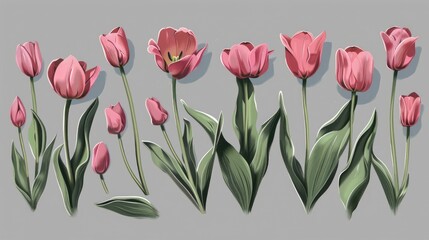 Obraz premium Gray background with pink terry tulips
