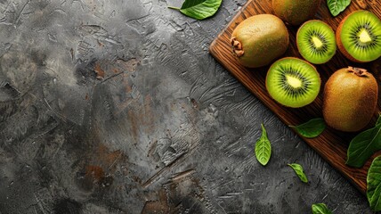 Wooden board with whole and sliced kiwis on textured surface - Powered by Adobe