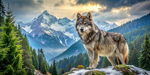 Majestic wolf blending into the alpine forest landscape