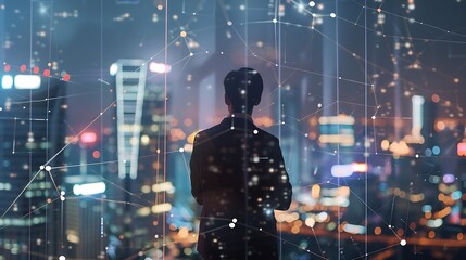 Plakat Young business man standing in the office watching the modern city night view with abstract polygon pattern connection with speed line light SMART Business Goal concept : Generative AI