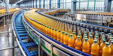 Beverage manufacturing process on a conveyor belt at a factory