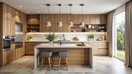 Minimalist kitchen design featuring elegant quartz countertop and wood cabinets