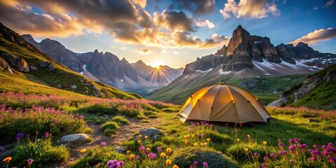 A scenic shot of a tent pitched on a grassy mountainside, surrounded by rugged peaks and vibrant wildflowers