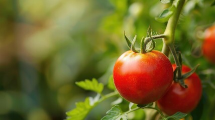 Obraz premium Fresh, ripe tomato on vine in garden setting