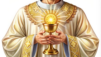 Digital of Corpus Christi Eucharist with hands holding sacred host on white background