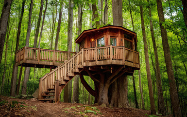 Charming wooden treehouse nestled among tall trees in lush forest, with wraparound deck and staircase, serene and inviting setting.