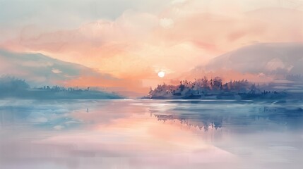 Fototapeta premium A serene landscape with pastel hues, reflecting water under a warm sunset