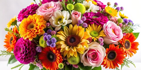 Close-up of a bouquet of colorful flowers on a white background