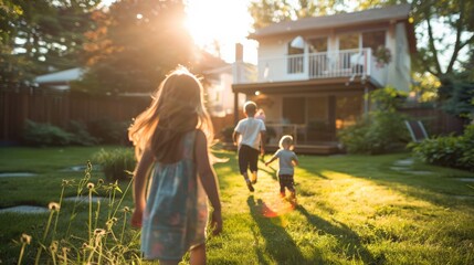 Group of kids running towards a house on a sunny day. Represents family, home life, and childhood joy.