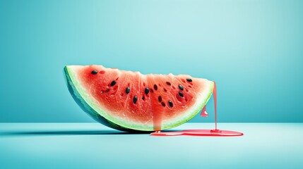 Dripping watermelon slice against a blue background