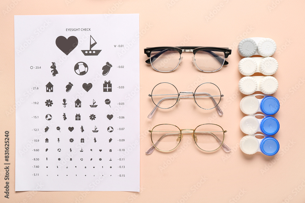 Sticker stylish eyeglasses with eye test chart and containers for contact lenses on beige background